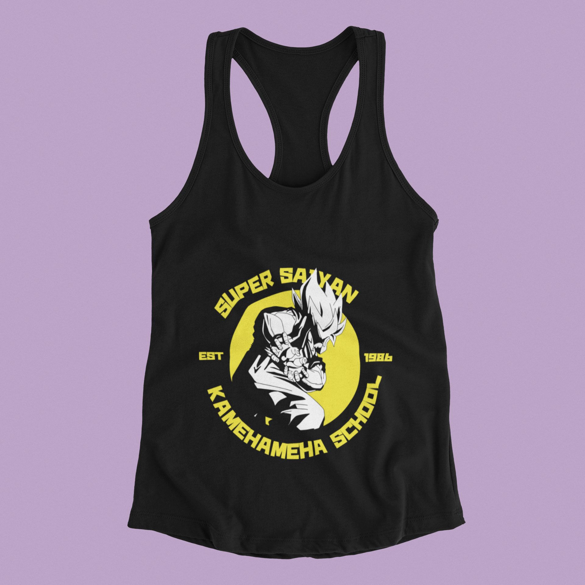 Super Saiyan Kamehameha School Tank Top in black against minimalist surface.