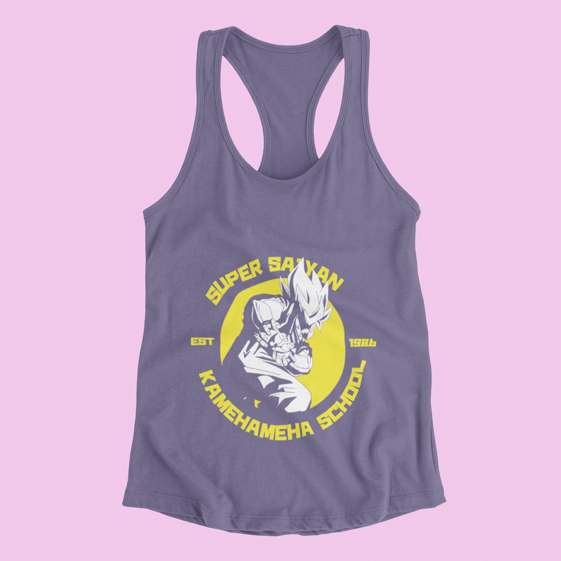 Super Saiyan Kamehameha School Tank Top in grape against minimalist surface.