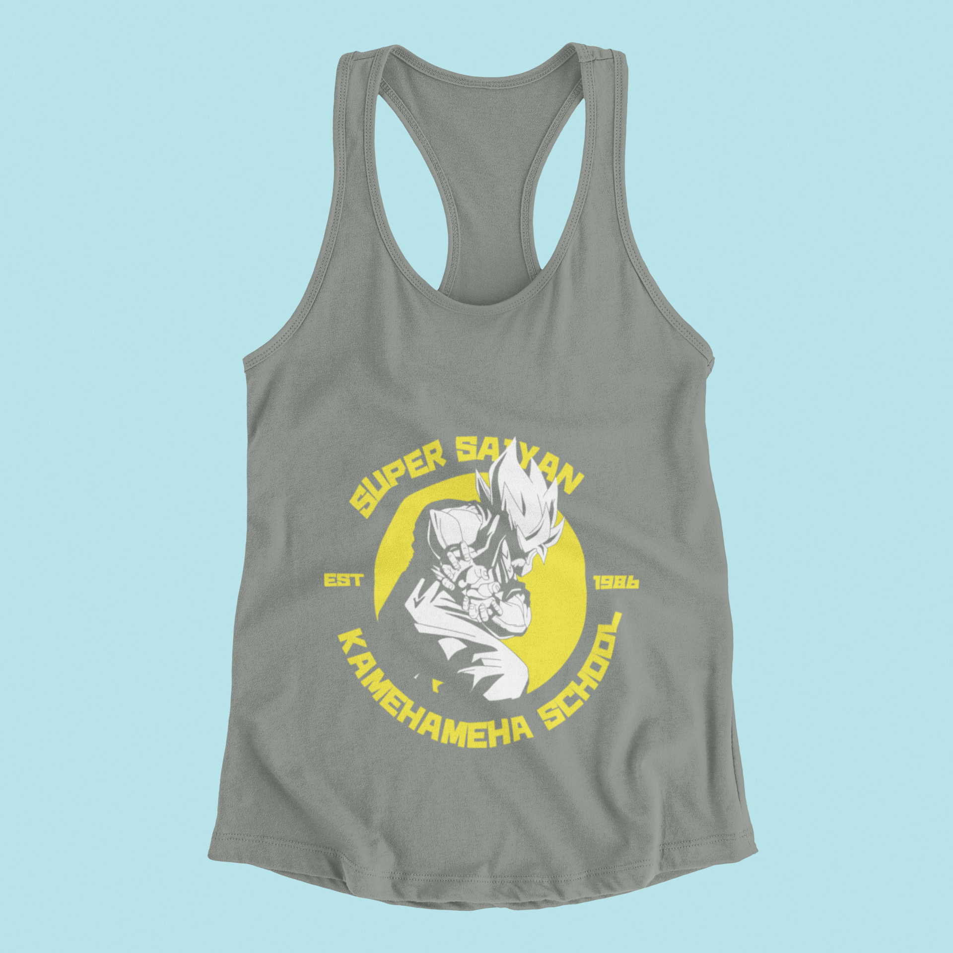 Super Saiyan Kamehameha School Tank Top in grey against minimalist surface.