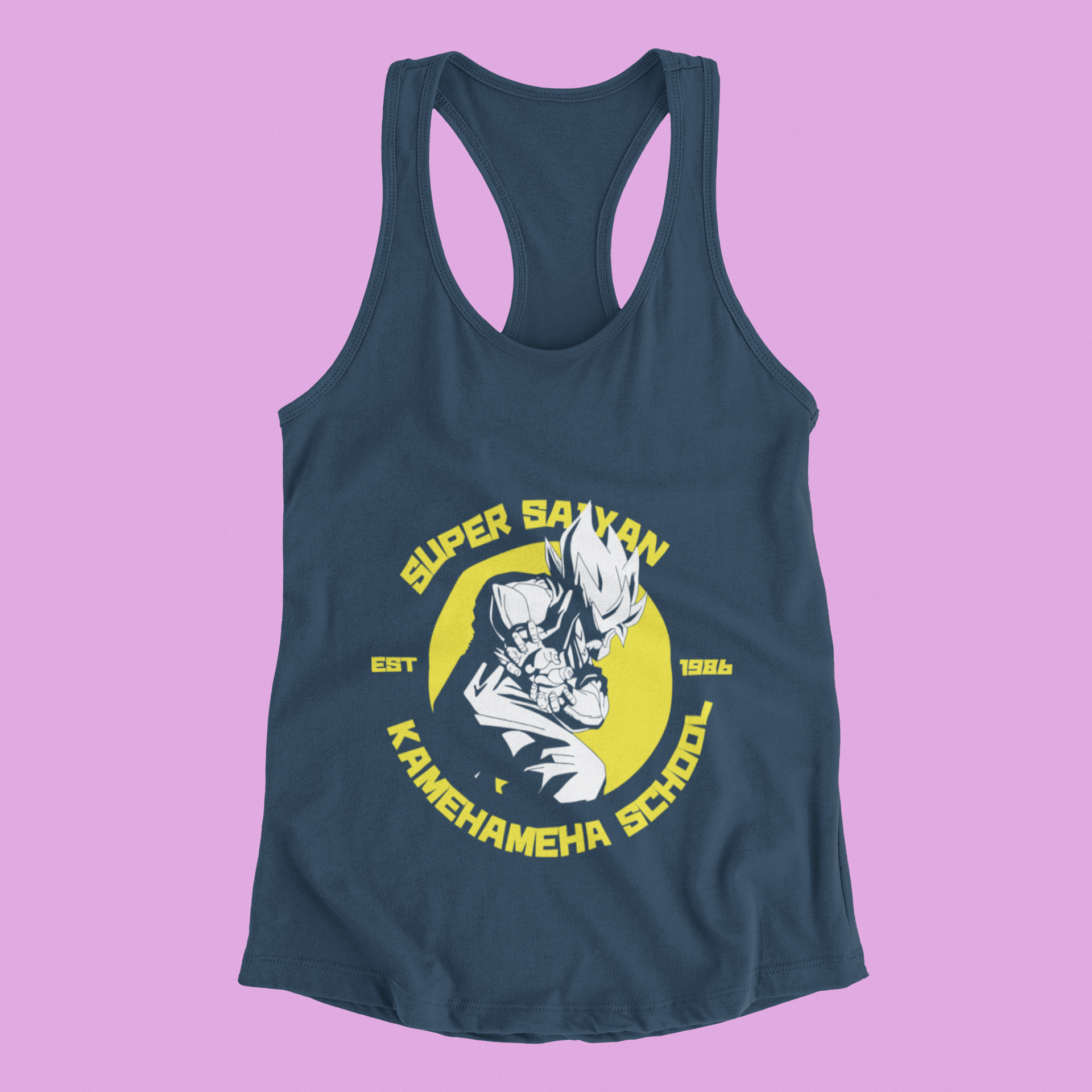 Super Saiyan Kamehameha School Tank Top in true navy against minimalist surface.