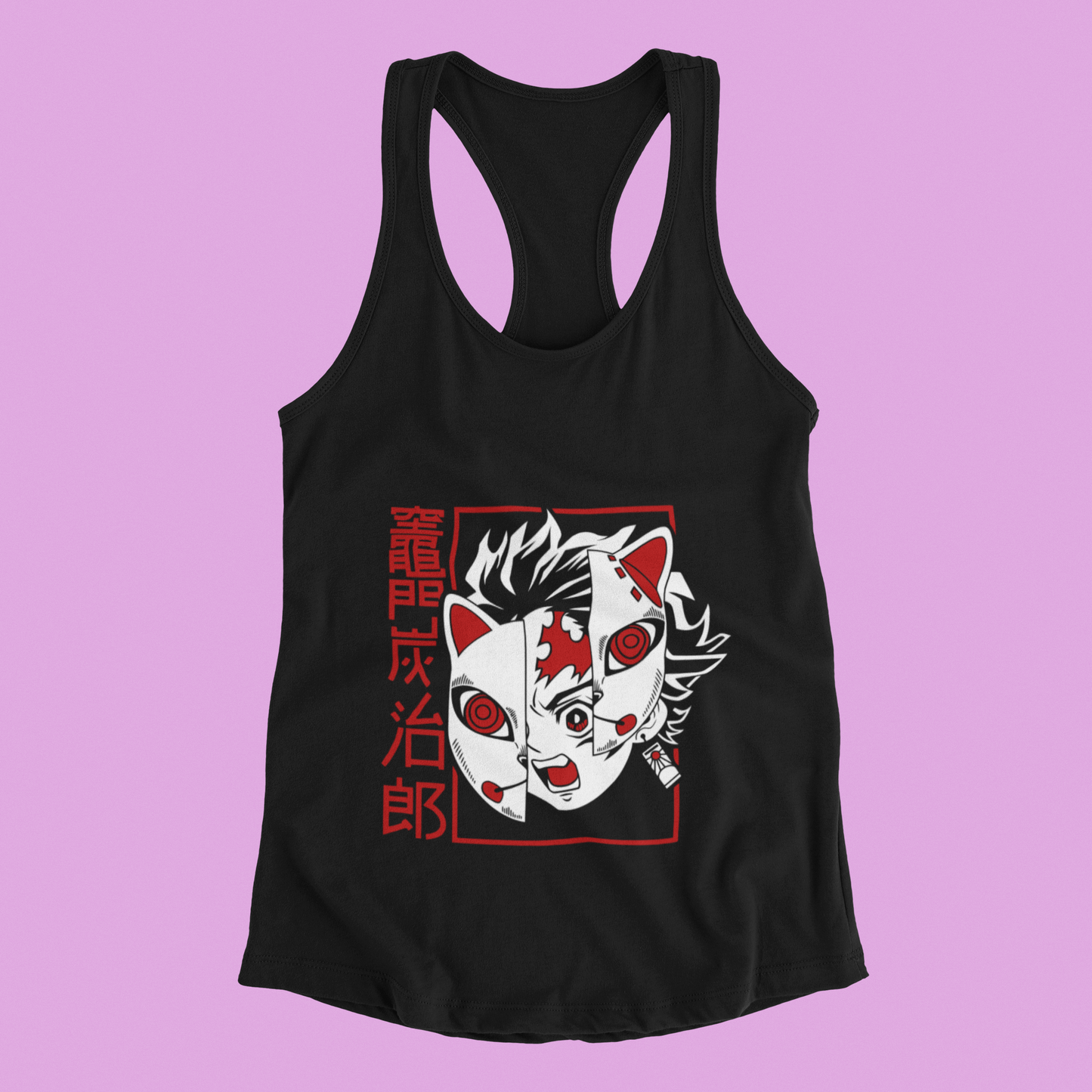 Tanjiro Split Mask Tank Top in black against minimalist surface.