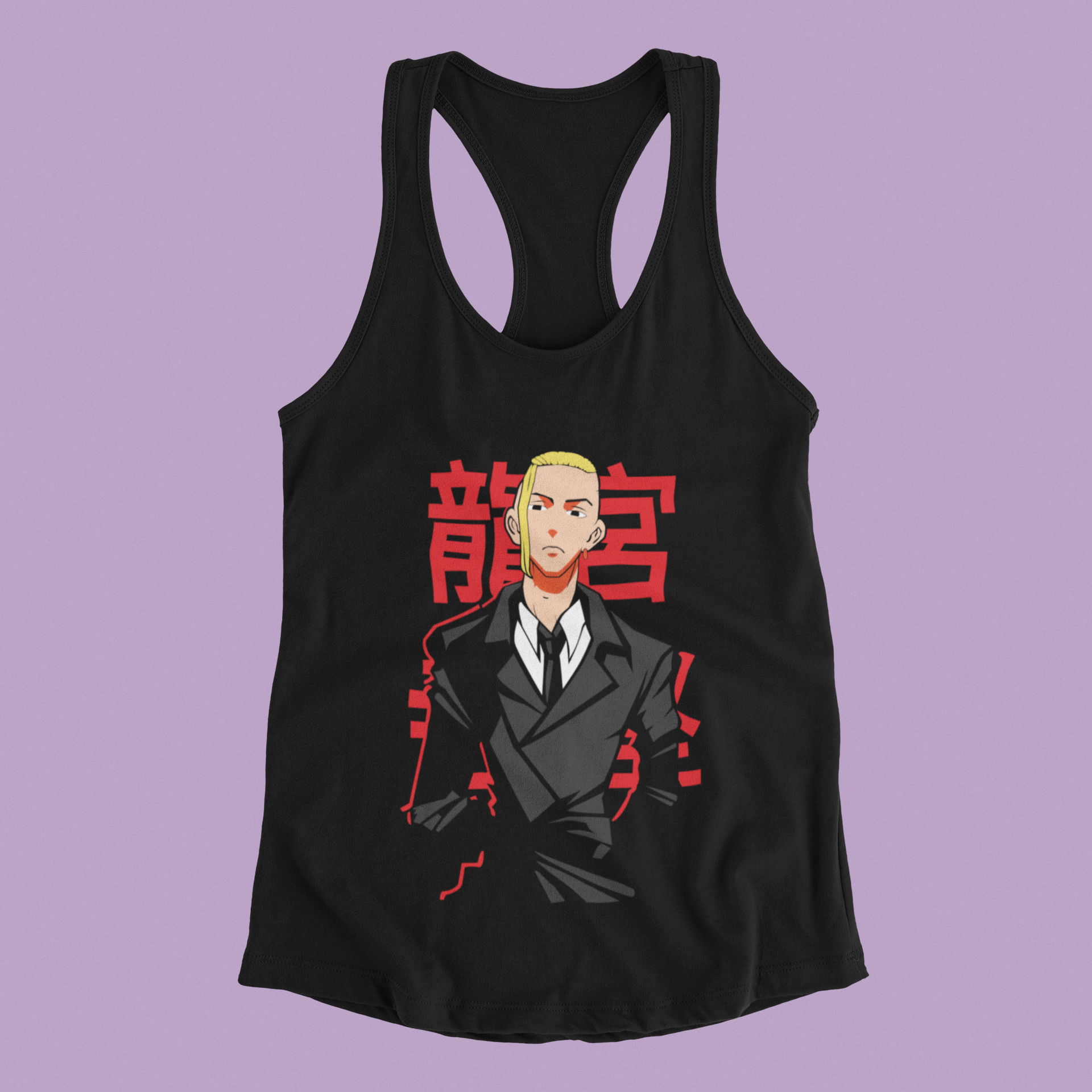 Tokyo Revengers Draken Tank Top in black against minimalist surface.