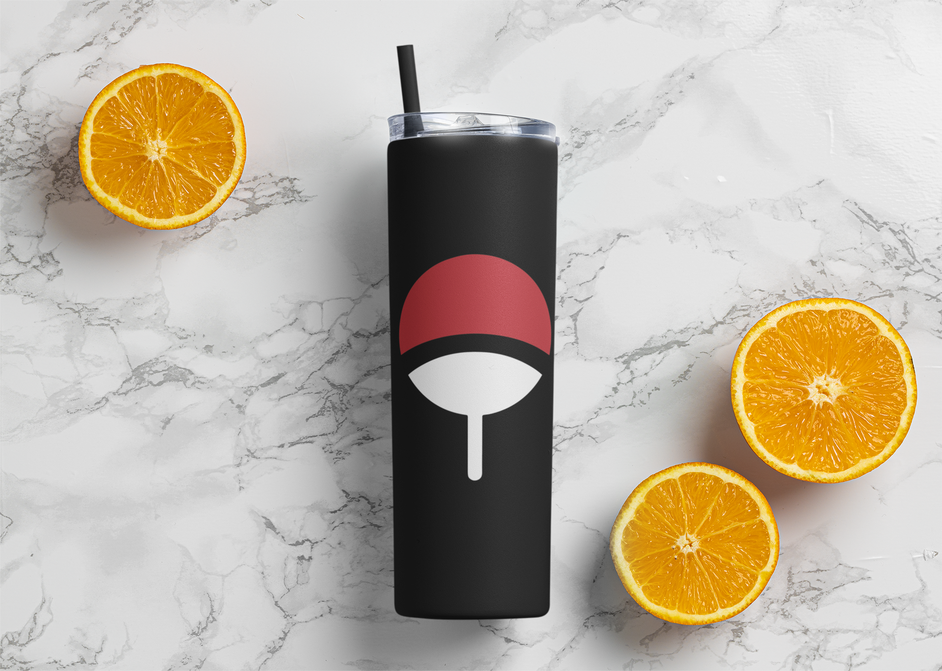 Uchiha Clan Symbol Skinny Tumbler featuring some oranges