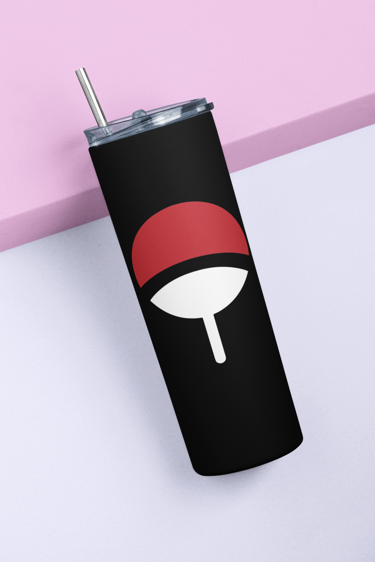 Uchiha Clan Symbol Skinny Tumblers against minimalist surface.