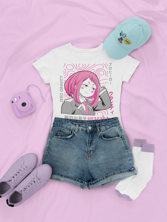 Uraraka Zero Gravity Tee in white with denim shorts, and low sneakers