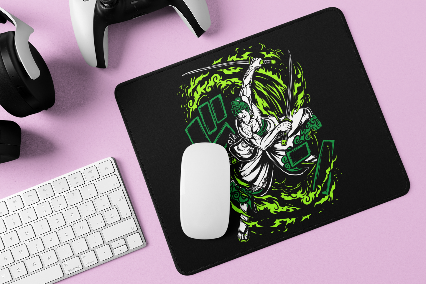 Closeup of Zoro Samurai Flame Mouse Pad on gamer's desk surrounded by accesories