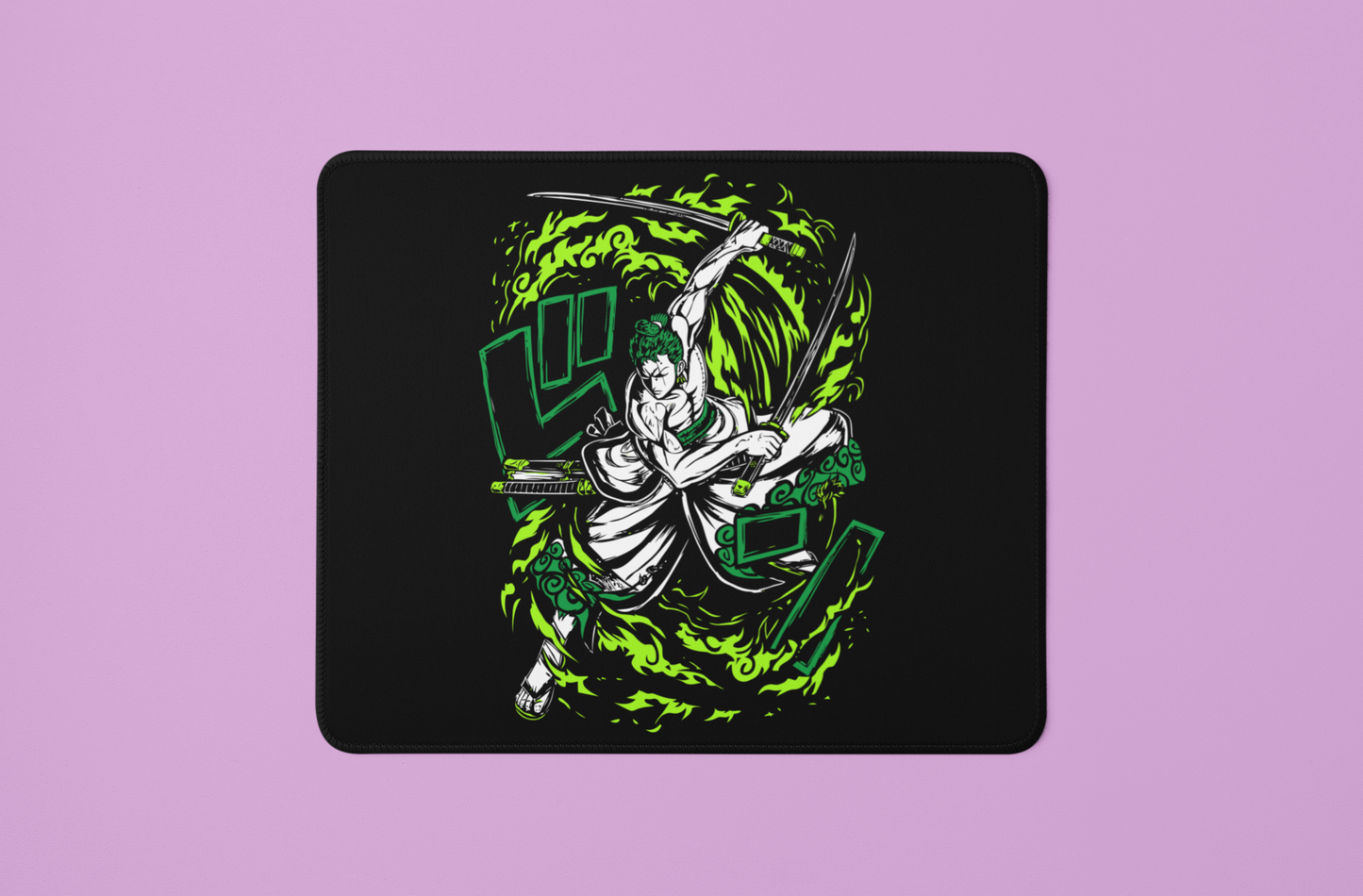 Zoro Samurai Flame Mouse Pad in black against minimalist surface.