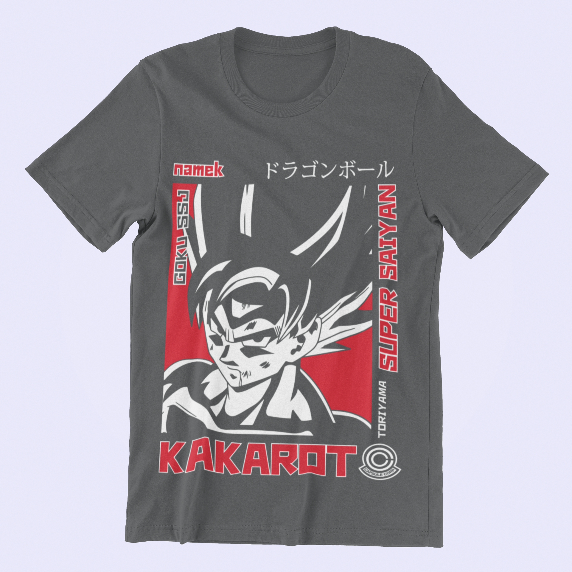 Dragon Ball Super Saiyan Goku Kakarot Tee in asphalt against minimalist surface.