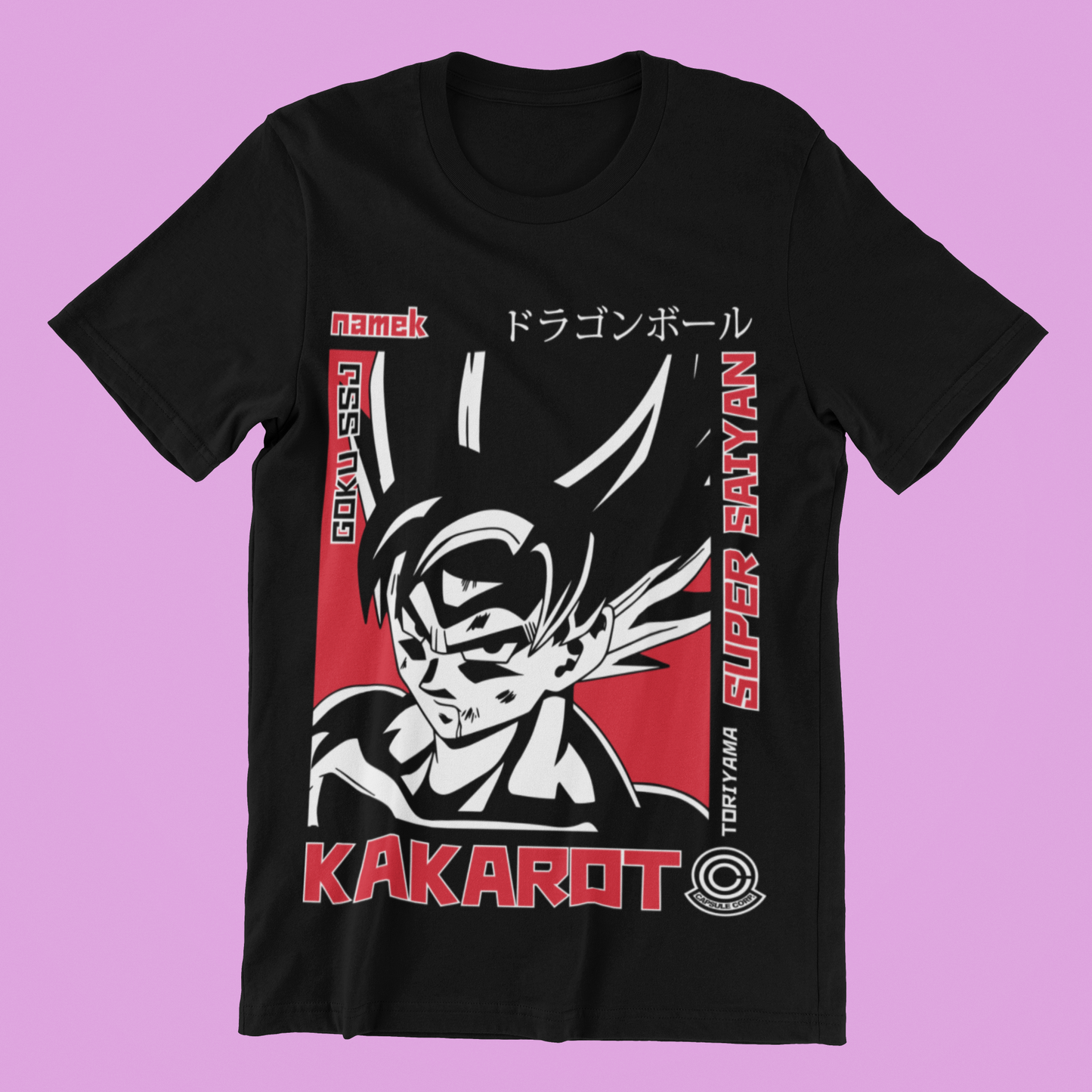 Dragon Ball Super Saiyan Goku Kakarot Tee in black against minimalist surface.