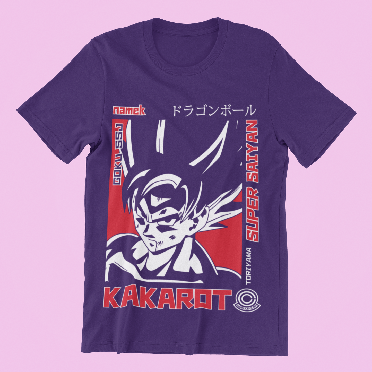 Dragon Ball Super Saiyan Goku Kakarot Tee in team purple against minimalist surface.