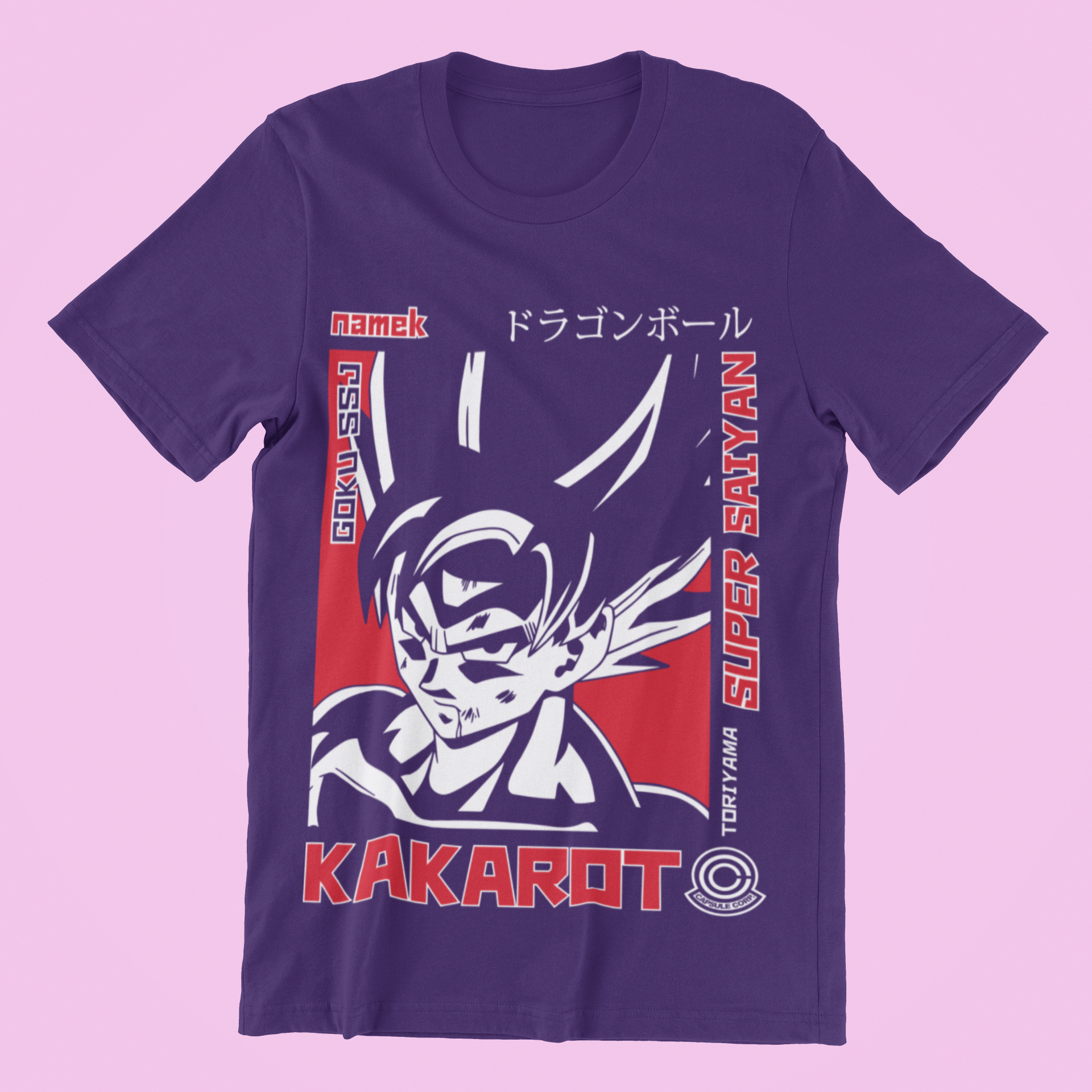 Dragon Ball Super Saiyan Goku Kakarot Tee in team purple against minimalist surface.