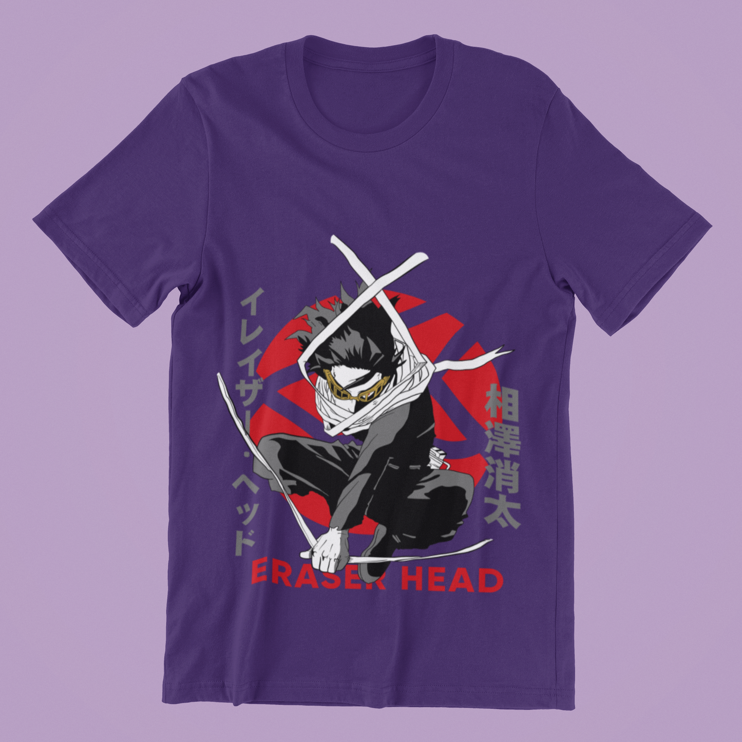 Eraser Head Dynamic Pose Tee in team purple against minimalist surface.