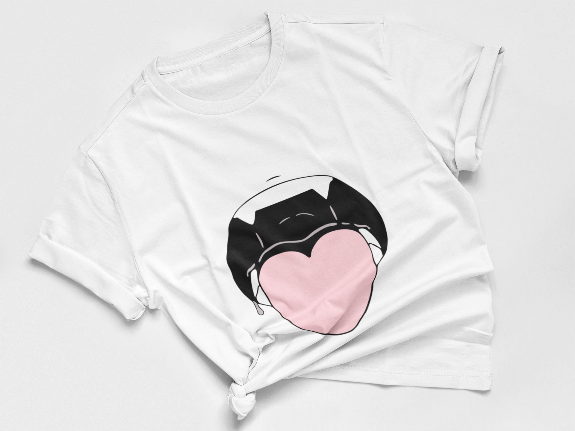 Heart Tongue Hentai Tee in white knotted in cute style.
