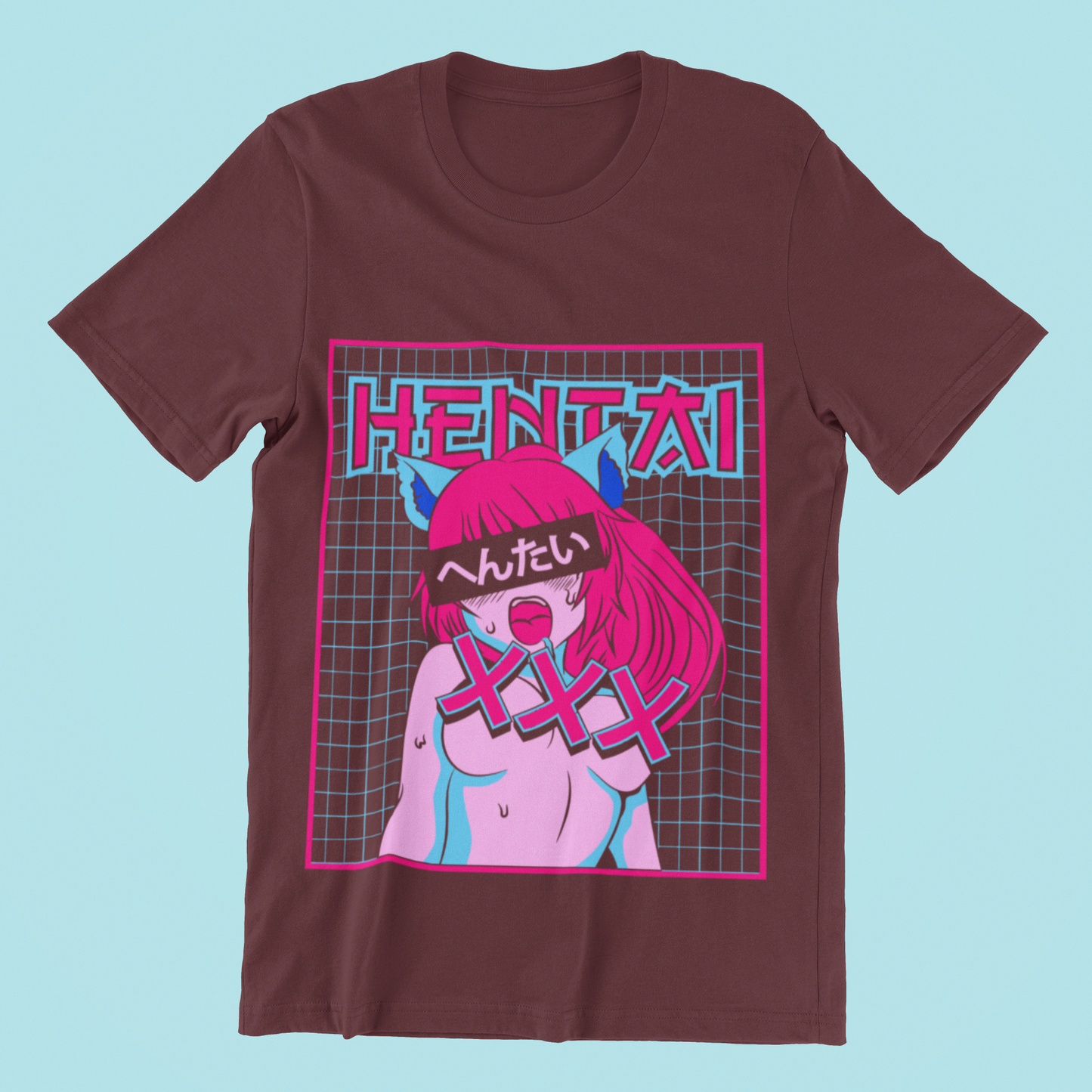 Hentai Catgirl Tee in maroon against minimalist surface.
