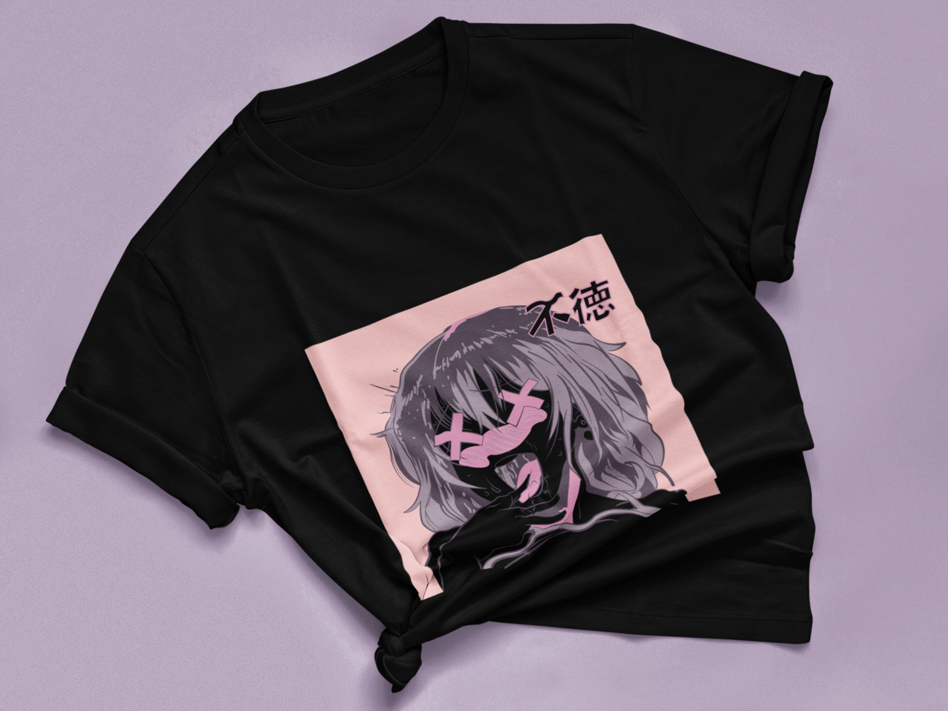 Hentai Girl Ecchi Tee in black knotted in cute style.