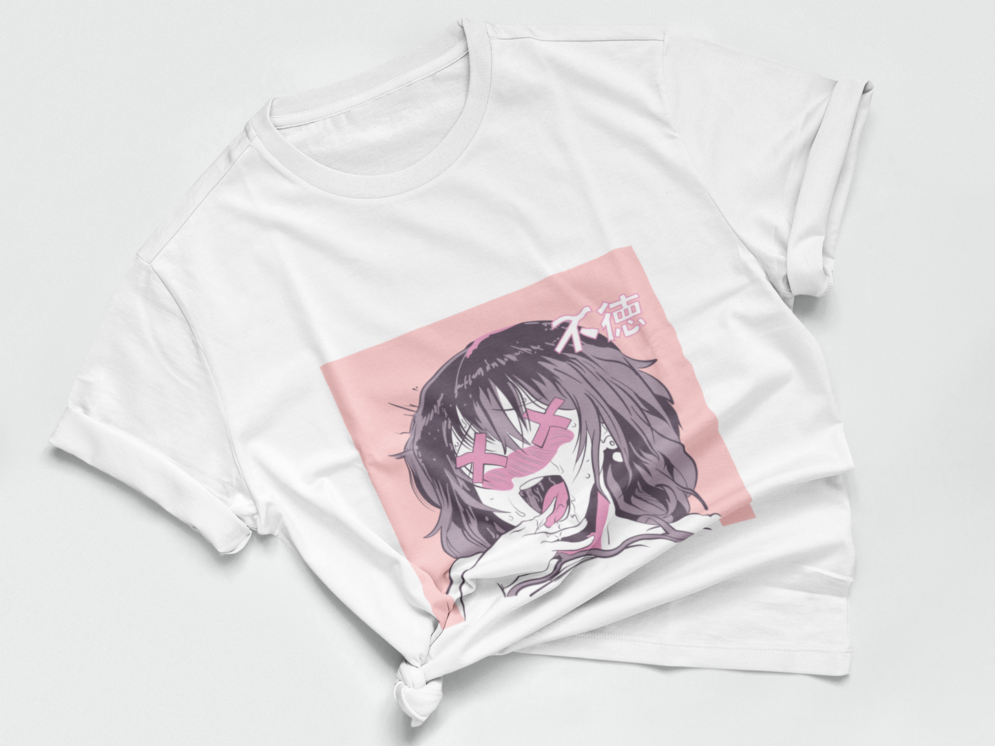 Hentai Girl Ecchi Tee in white knotted in cute style.