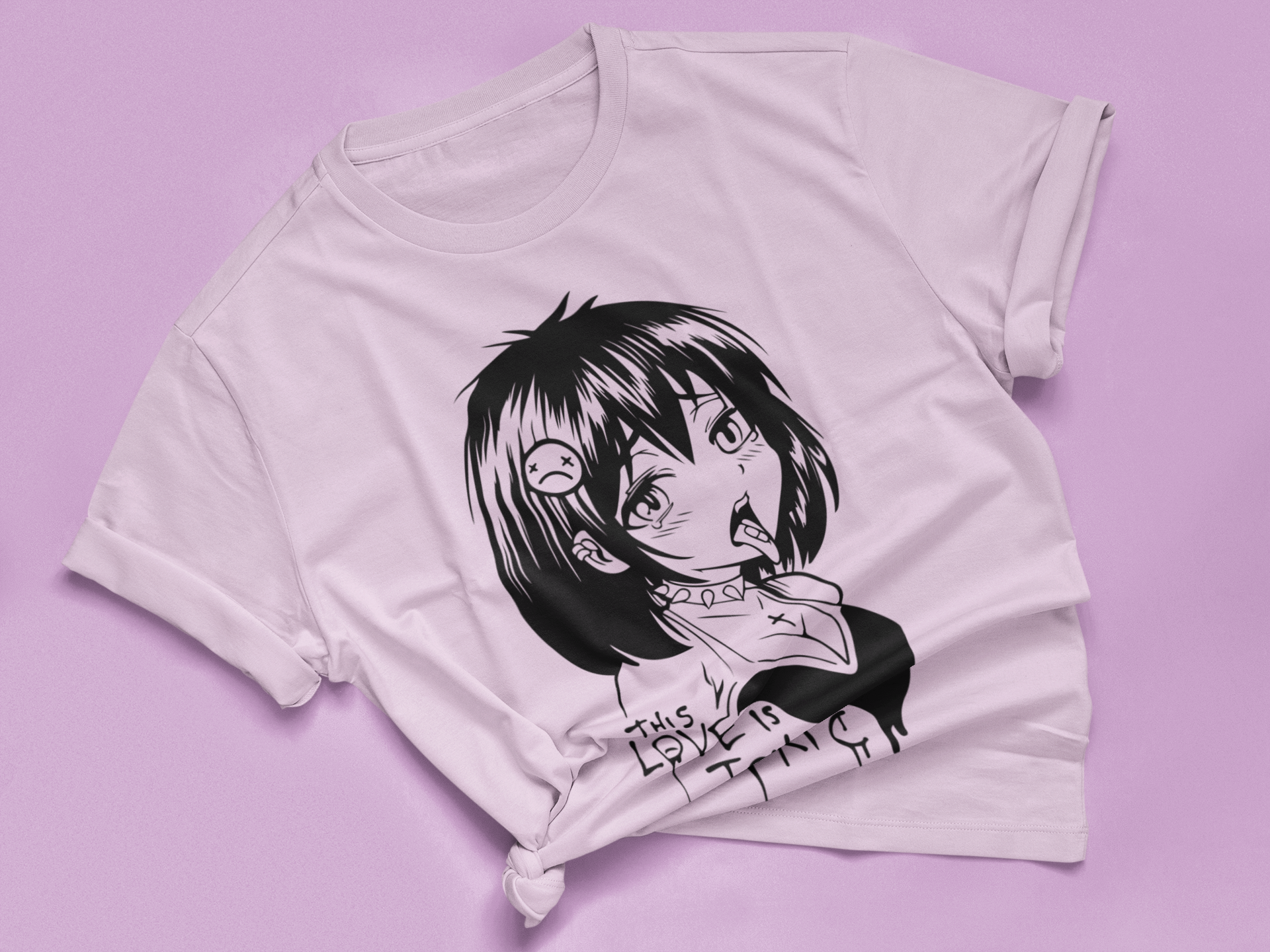 Hentai Pixel Art Tee in lilac knotted in cute style.
