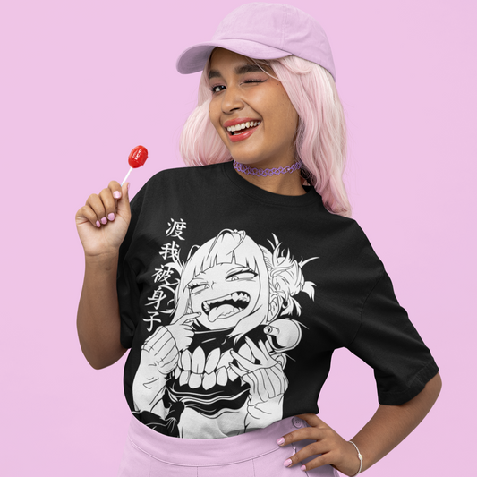 Woman wearing Himiko Toga Villain Tee in black in kawaii outfit, winking and holding lollipop