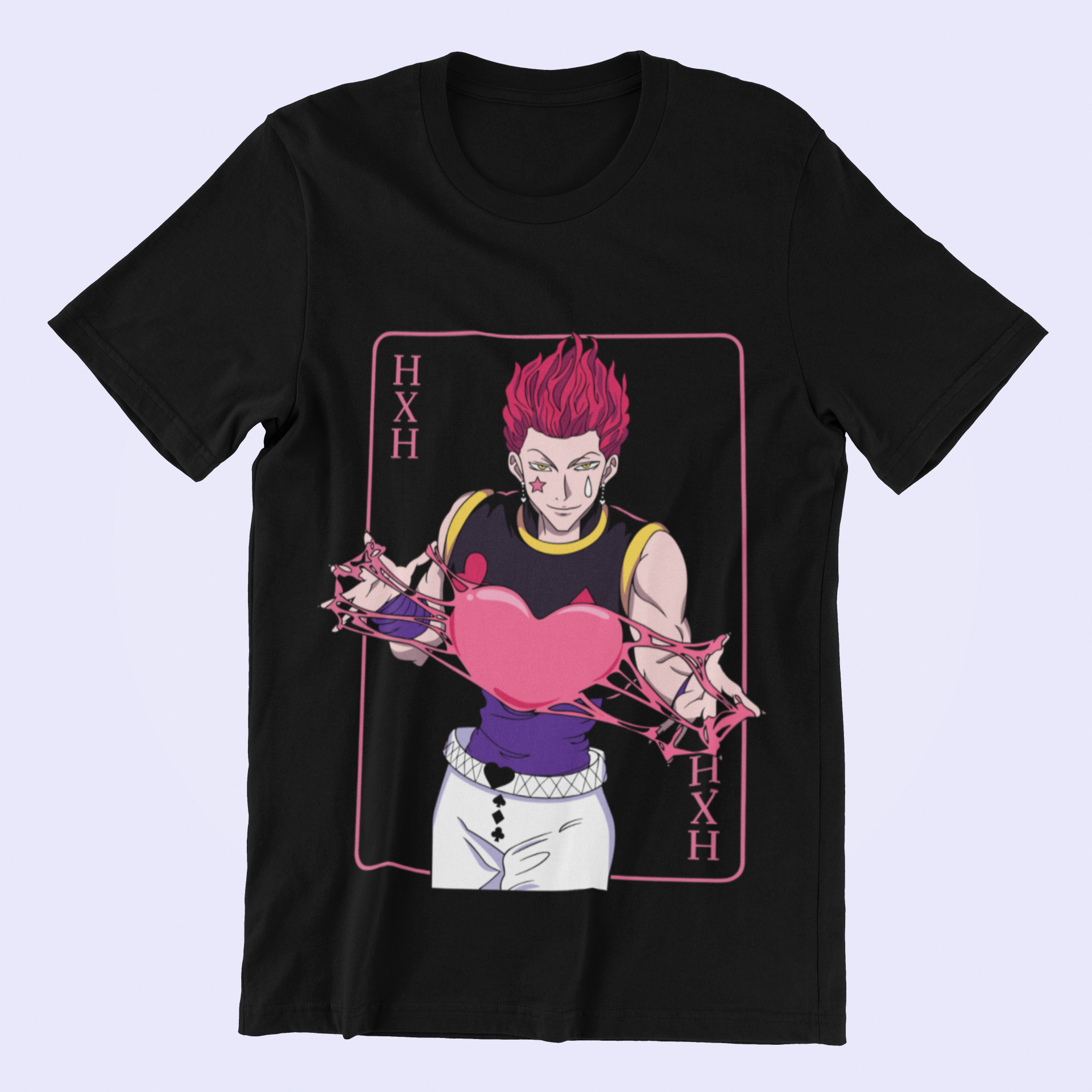 Hisoka Hxh Anime Tee in black against minimalist surface.