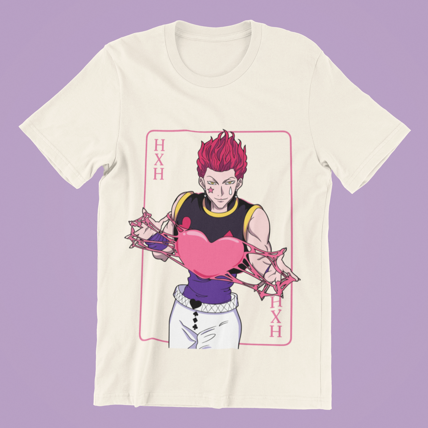 Hisoka Hxh Anime Tee in natural against minimalist surface.