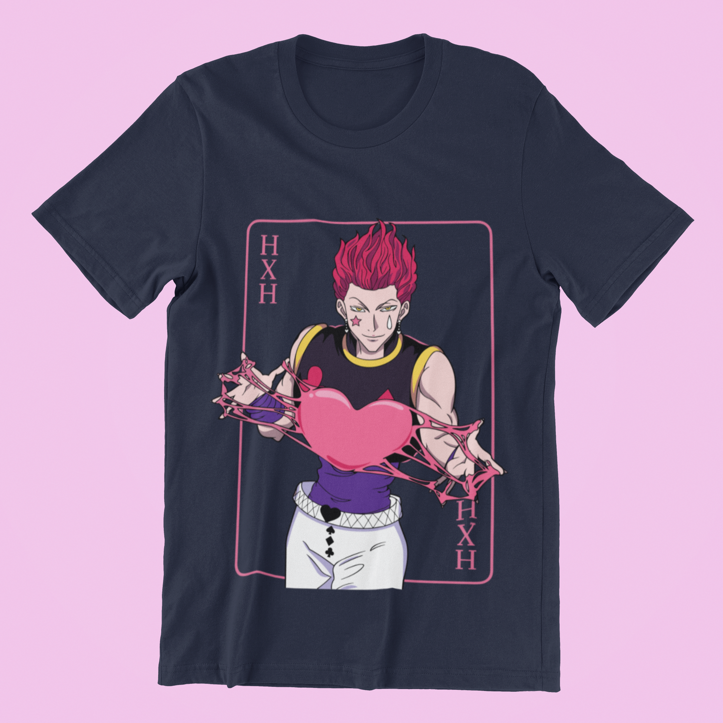 Hisoka Hxh Anime Tee in navy against minimalist surface.