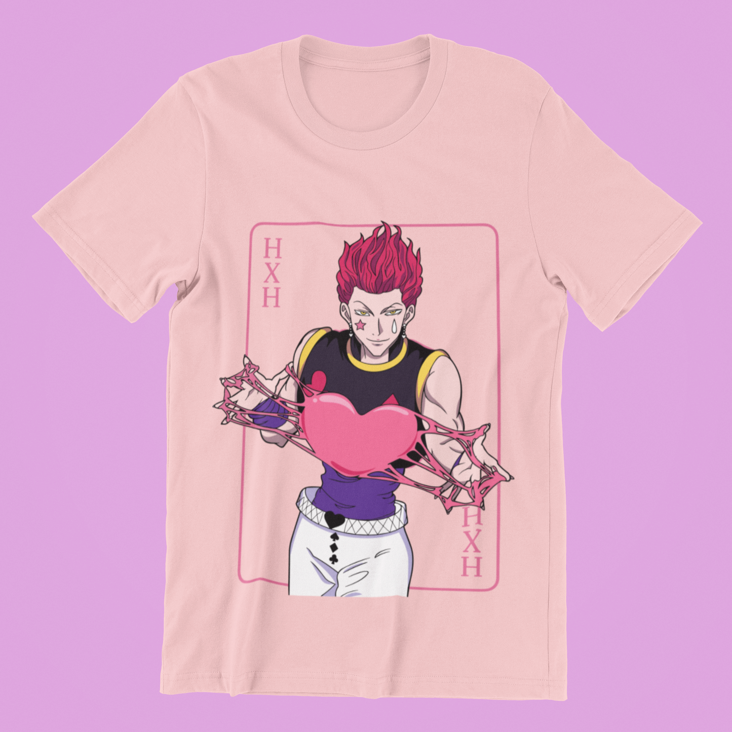 Hisoka Hxh Anime Tee in pink against minimalist surface.