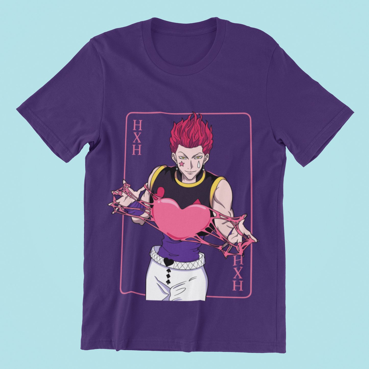 Hisoka Hxh Anime Tee in team purple against minimalist surface.