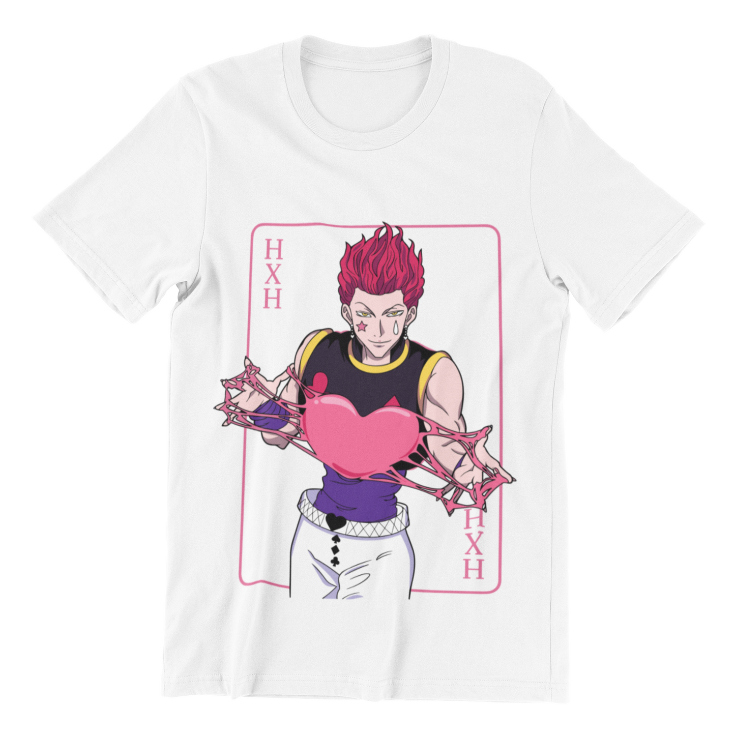 Hisoka Hxh Anime Tee in white against minimalist surface.