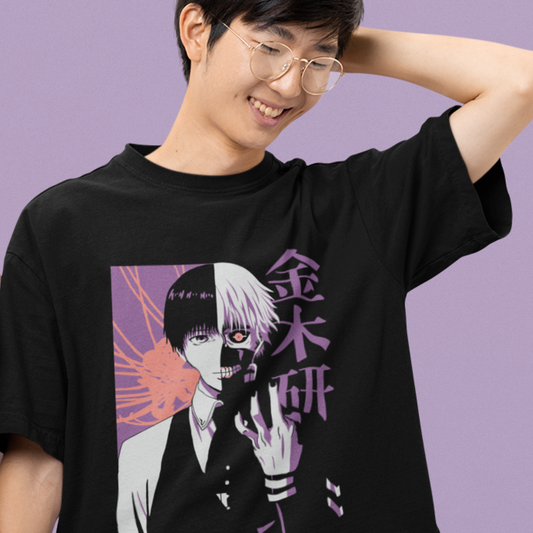 Happy man wearing Kaneki Ken Split Face Tee in black smiling with his hand behind his head.