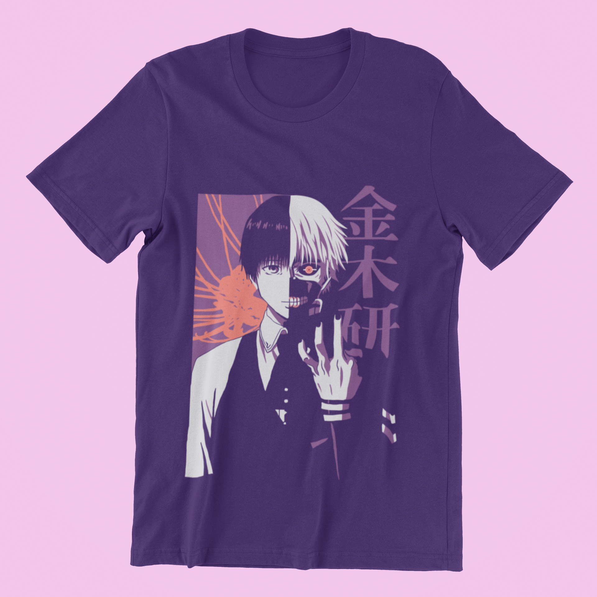 Kaneki Ken Split Face Tee in team purple against minimalist surface.