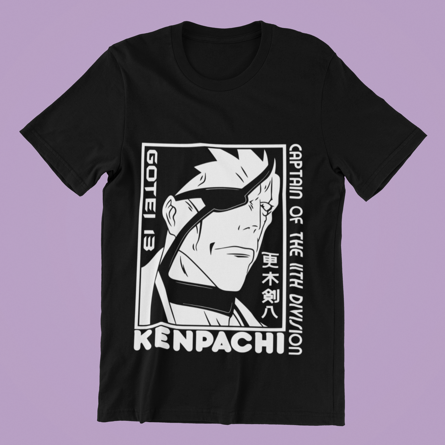 Kenpachi Zaraki Captain Tee in black against minimalist surface.