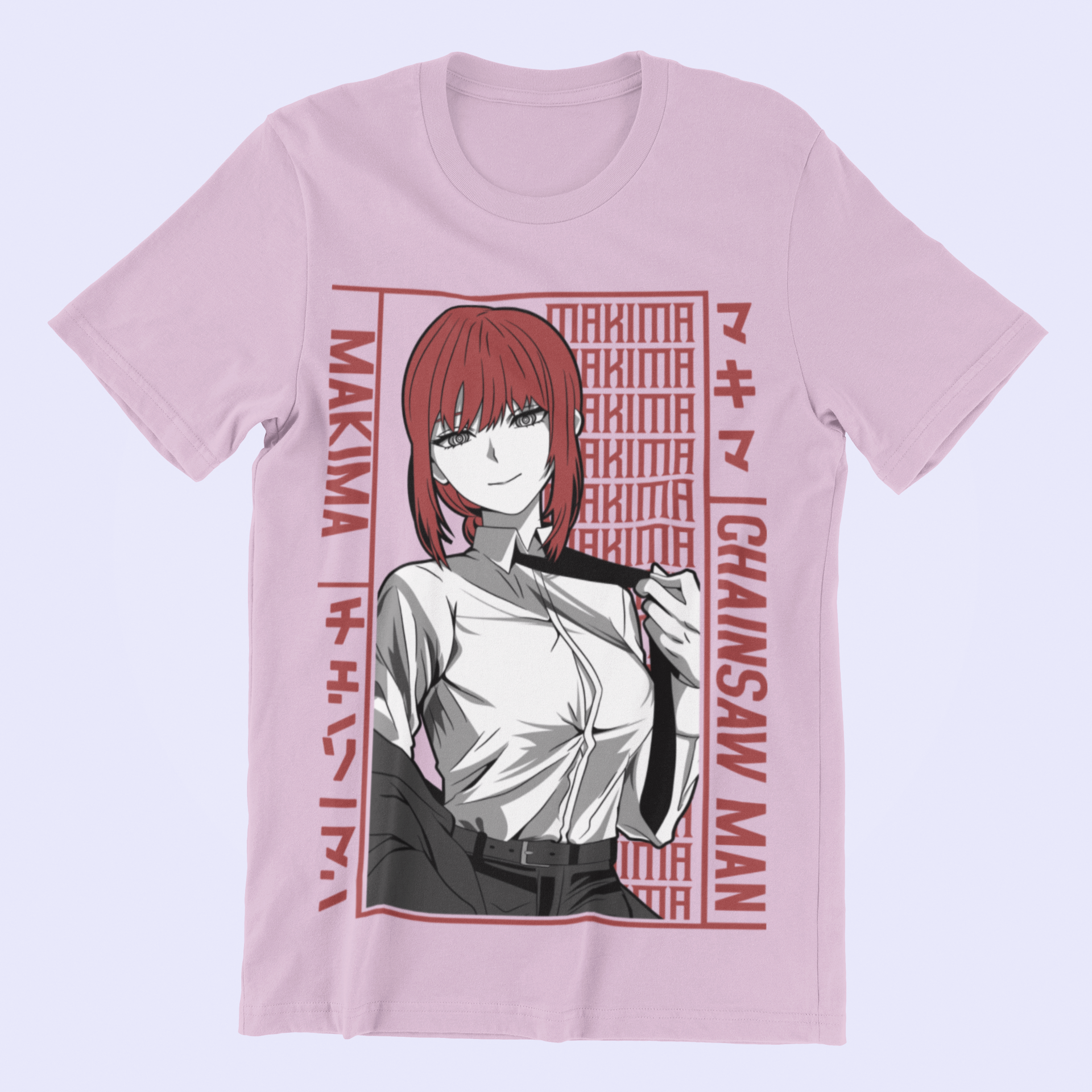 Makima Chainsaw Man Tee in lilac against minimalist surface.