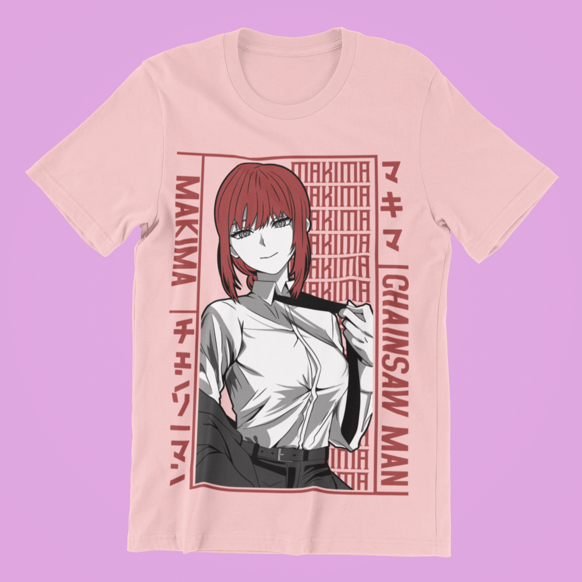 Makima Chainsaw Man Tee in pink against minimalist surface.