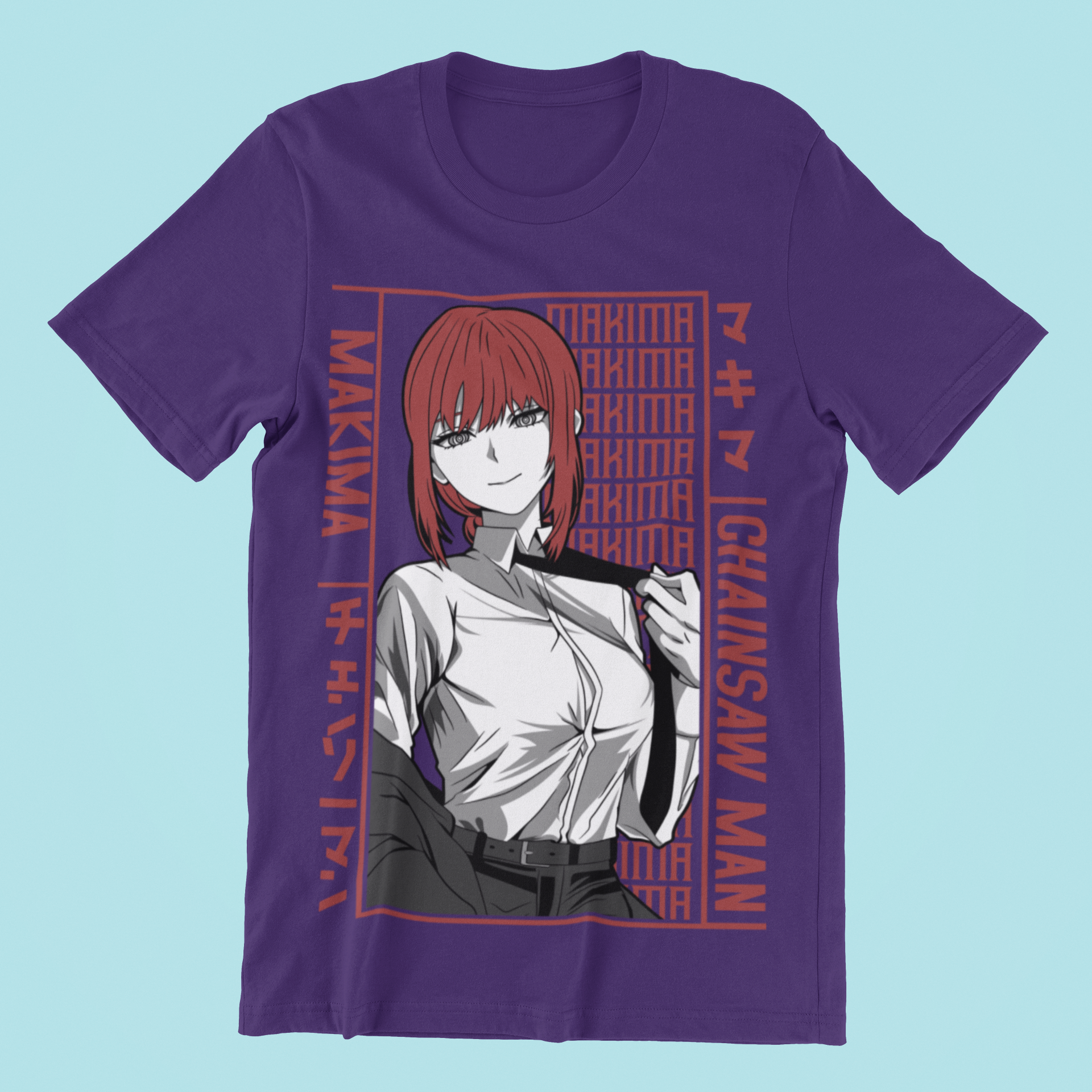 Makima Chainsaw Man Tee in team purple against minimalist surface.
