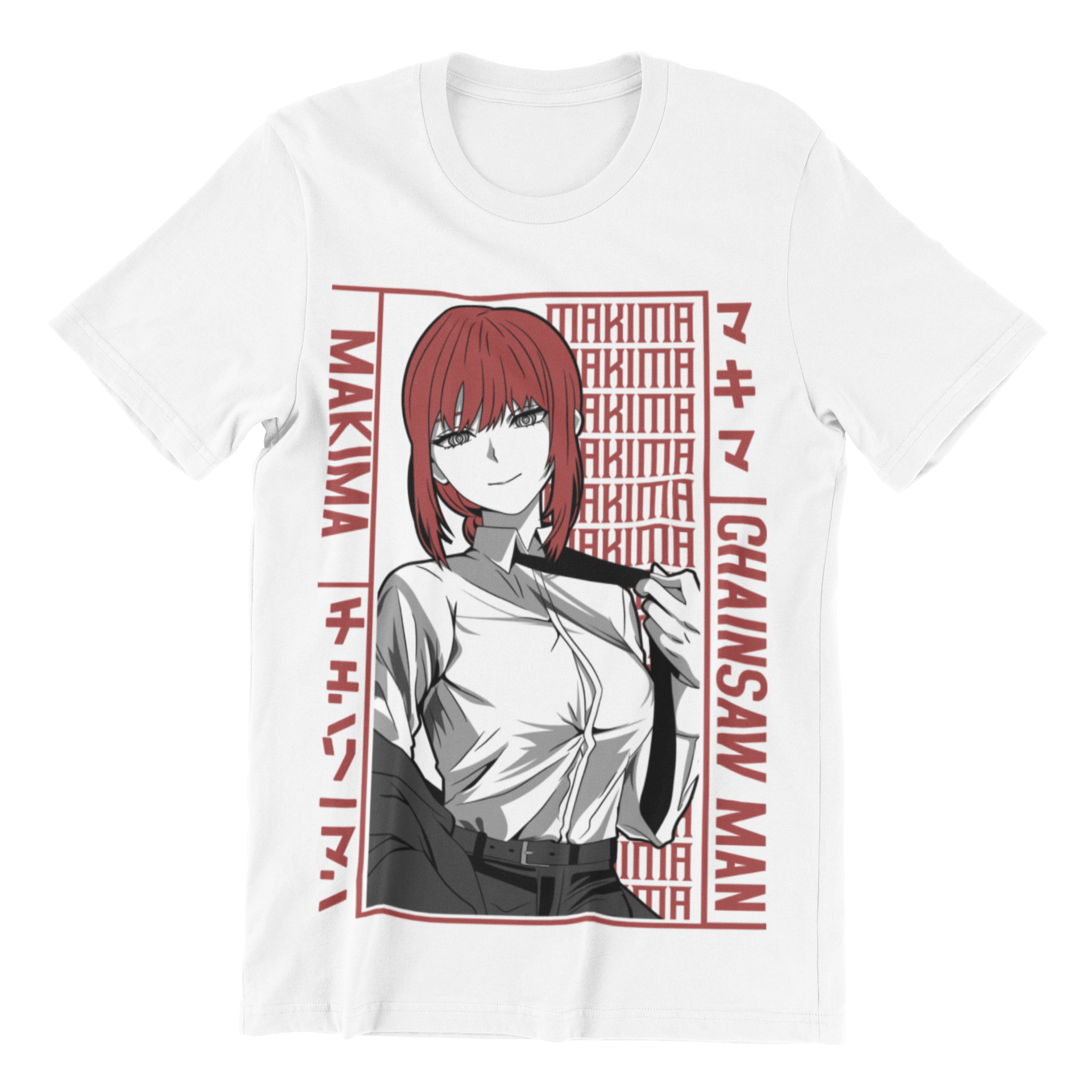 Makima Chainsaw Man Tee in white against minimalist surface.