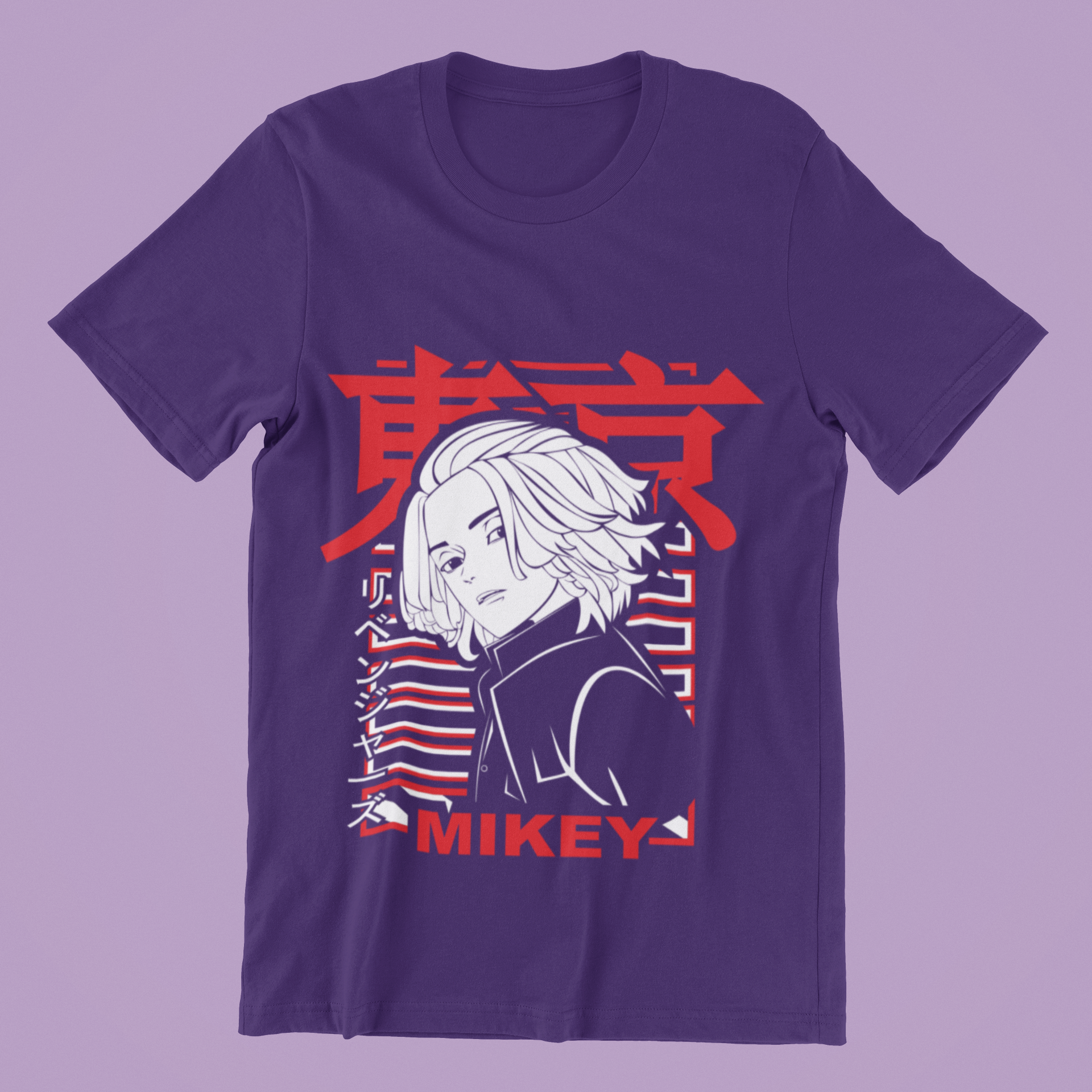 Mikey Tokyo Revengers Tee in team purple against minimalist surface.