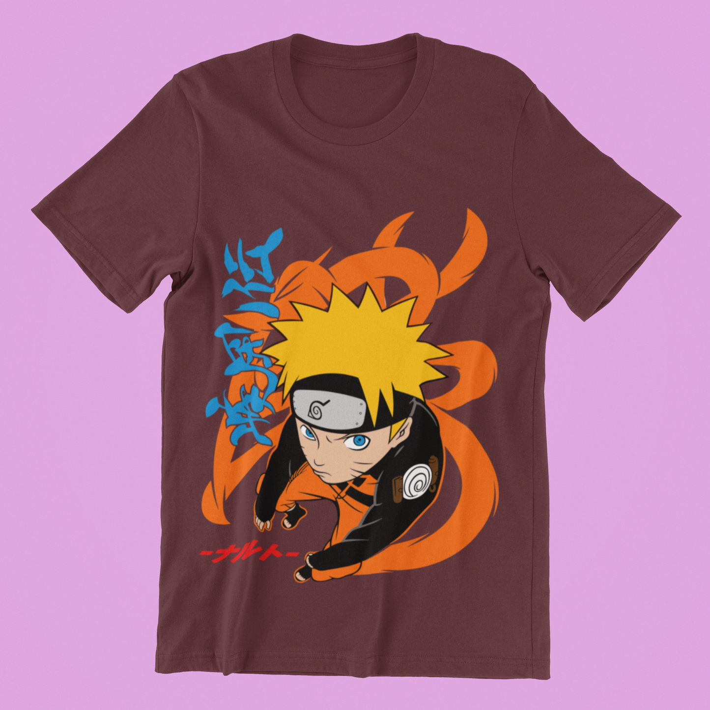 Naruto Action Pose Tee in maroon against minimalist surface.