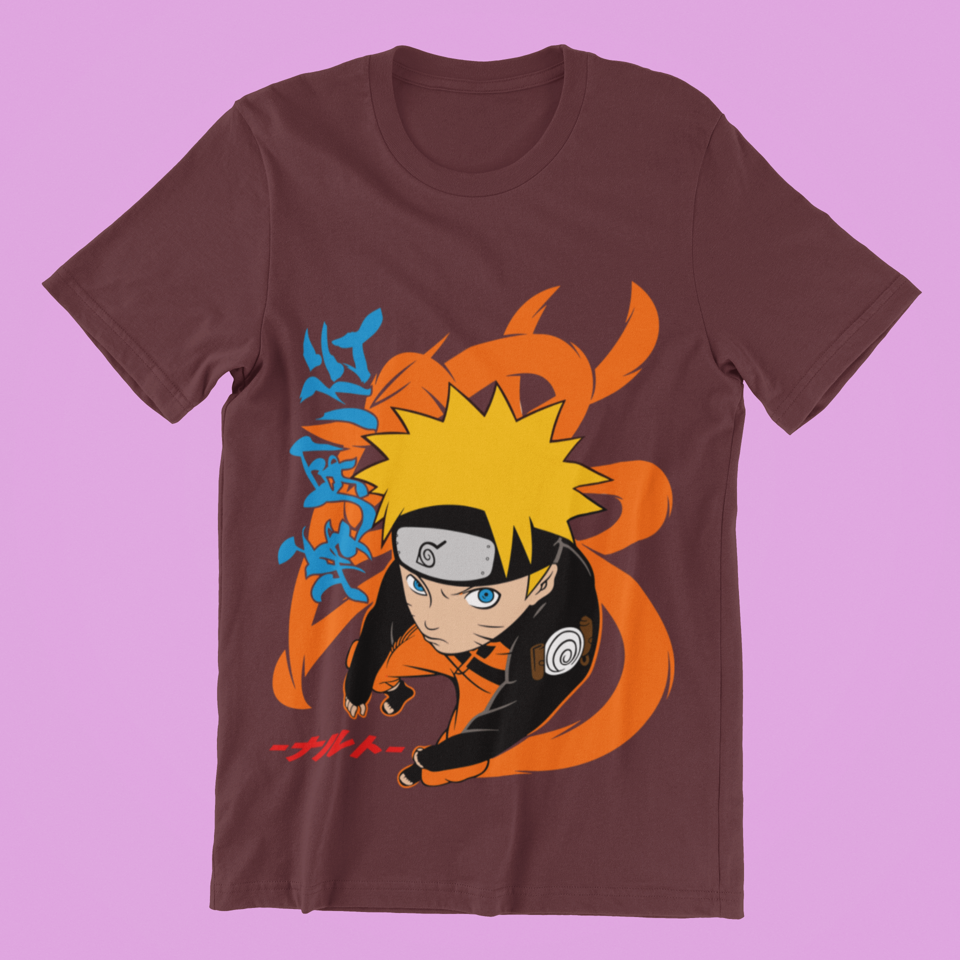 Naruto Action Pose Tee in maroon against minimalist surface.