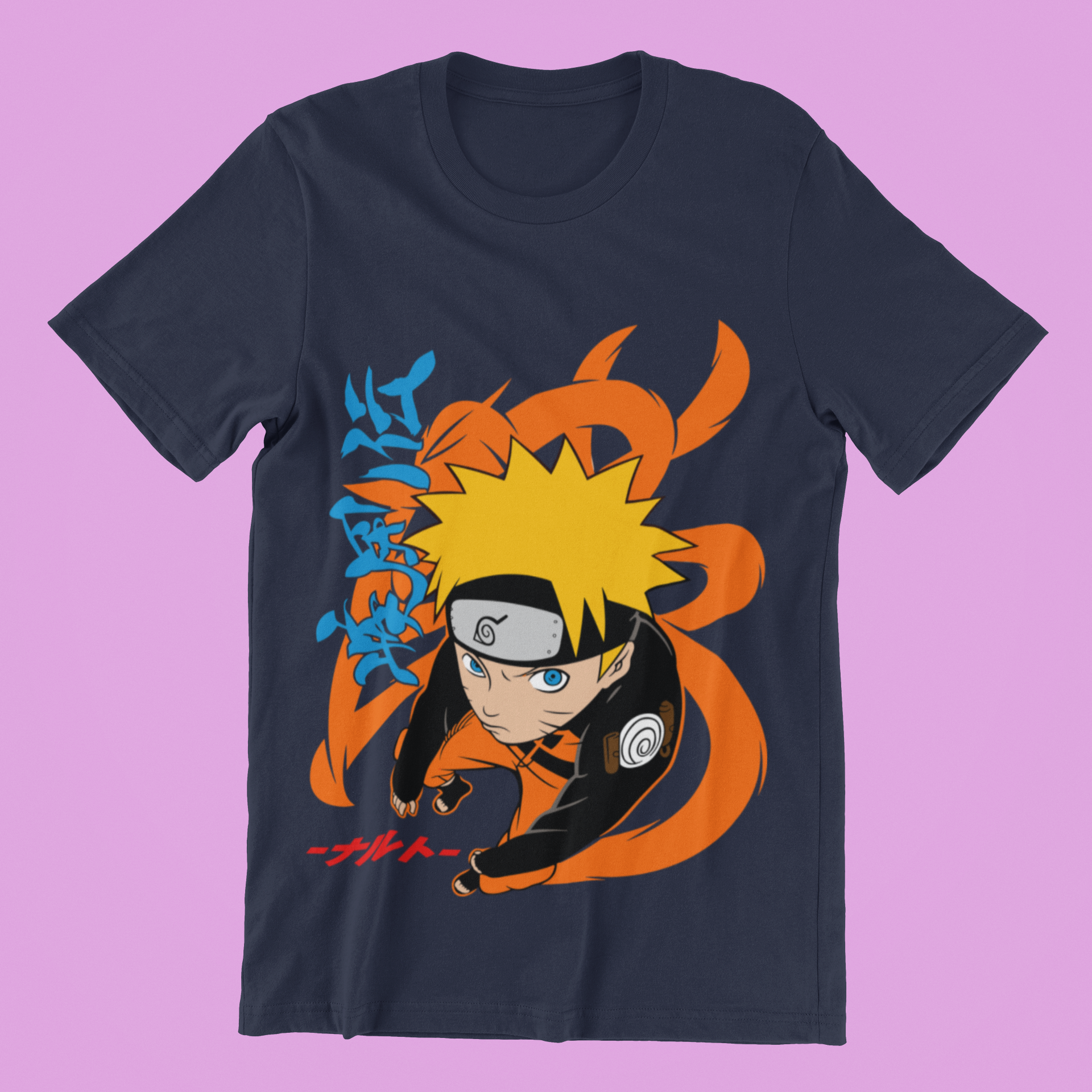 Naruto Action Pose Tee in navy against minimalist surface.