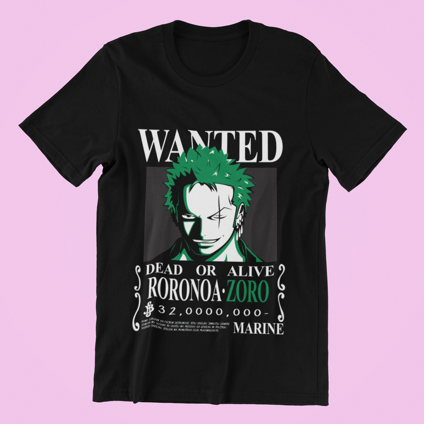 One Piece Roronoa Zoro Wanted Poster Tee in black against minimalist surface.