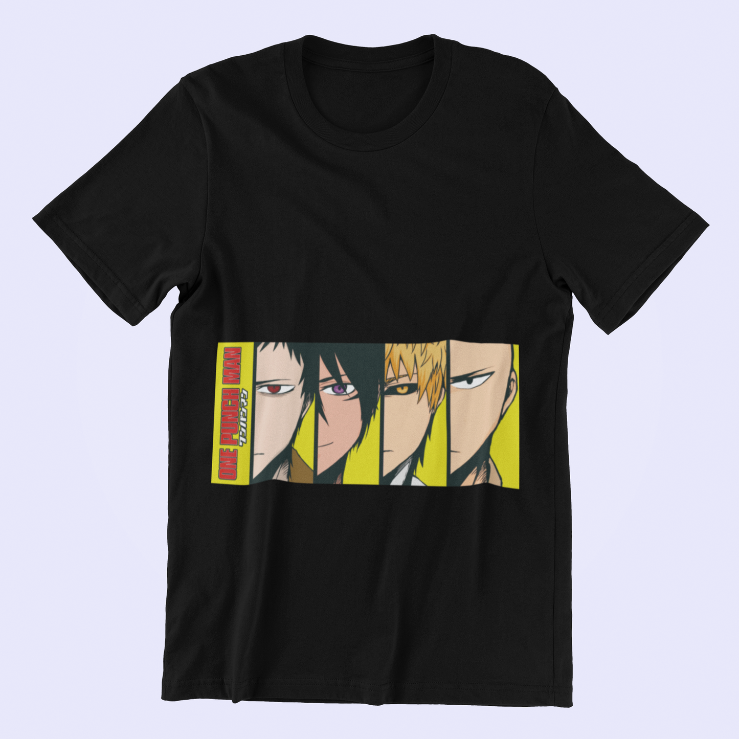 One Punch Man Heroes Tee in black against minimalist surface.