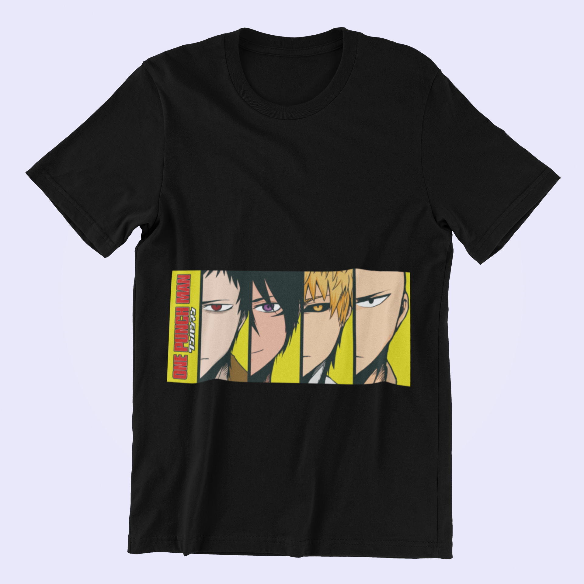 One Punch Man Heroes Tee in black against minimalist surface.