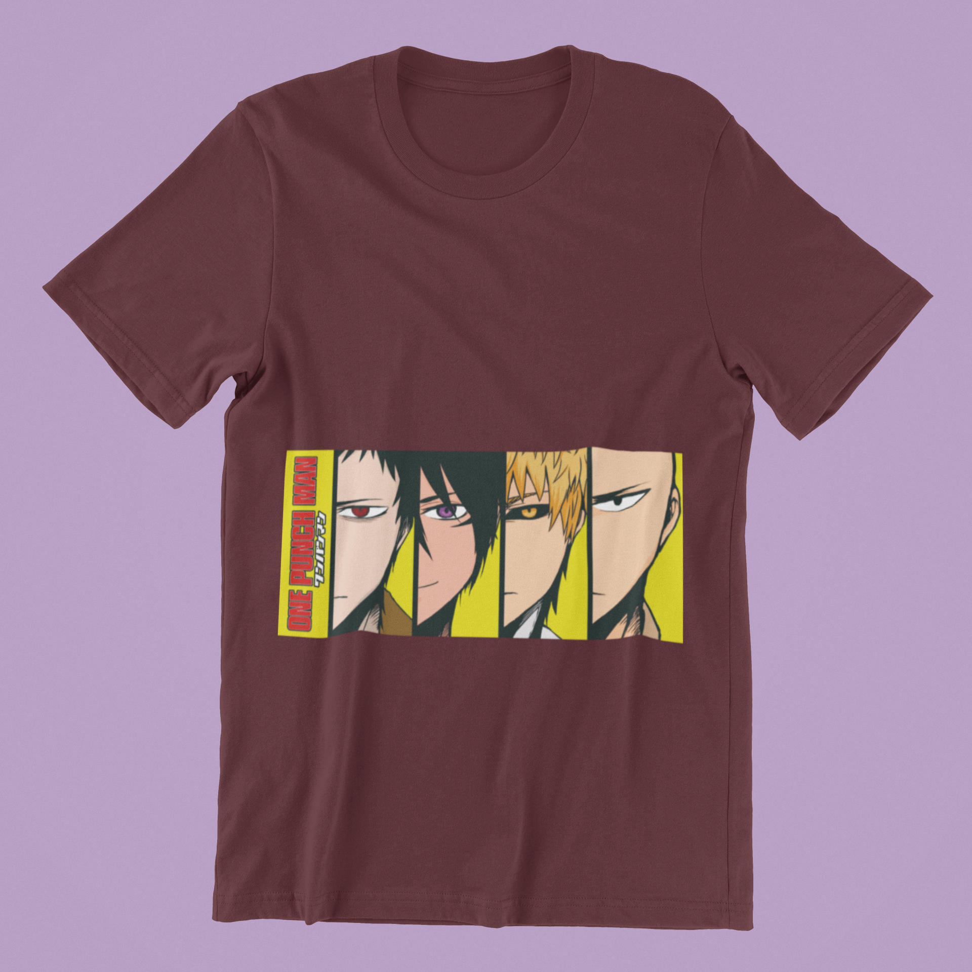 One Punch Man Heroes Tee in maroon against minimalist surface.