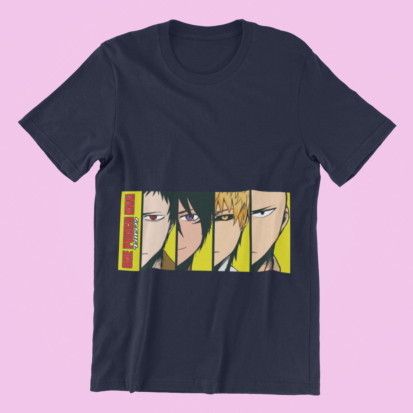 One Punch Man Heroes Tee in navy against minimalist surface.