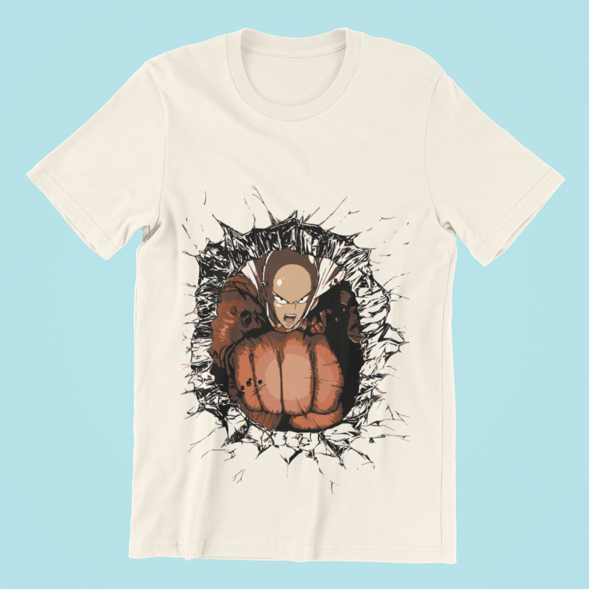 One Punch Man Saitama Punch Tee in natural against minimalist surface.