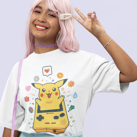 Woman wearing Pikachu Retro Gameboy Tee in white winking and holding lollipop.