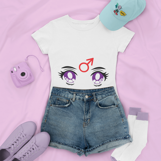 Sailor Mars Transformation Eyes Tee in white outfit with girly garments.