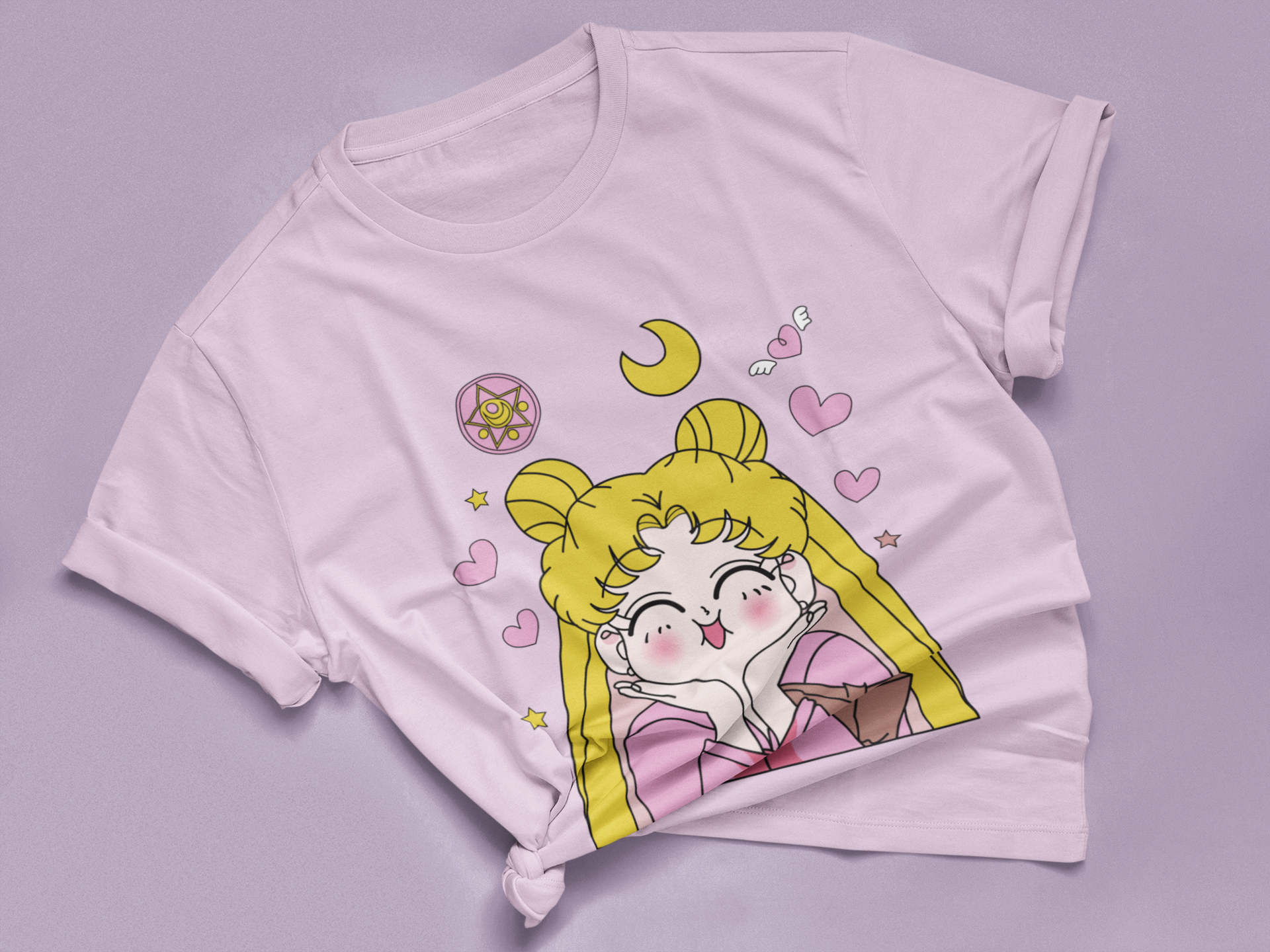 Sailor Moon Cute Expression Tee in lilac knotted in cute style.