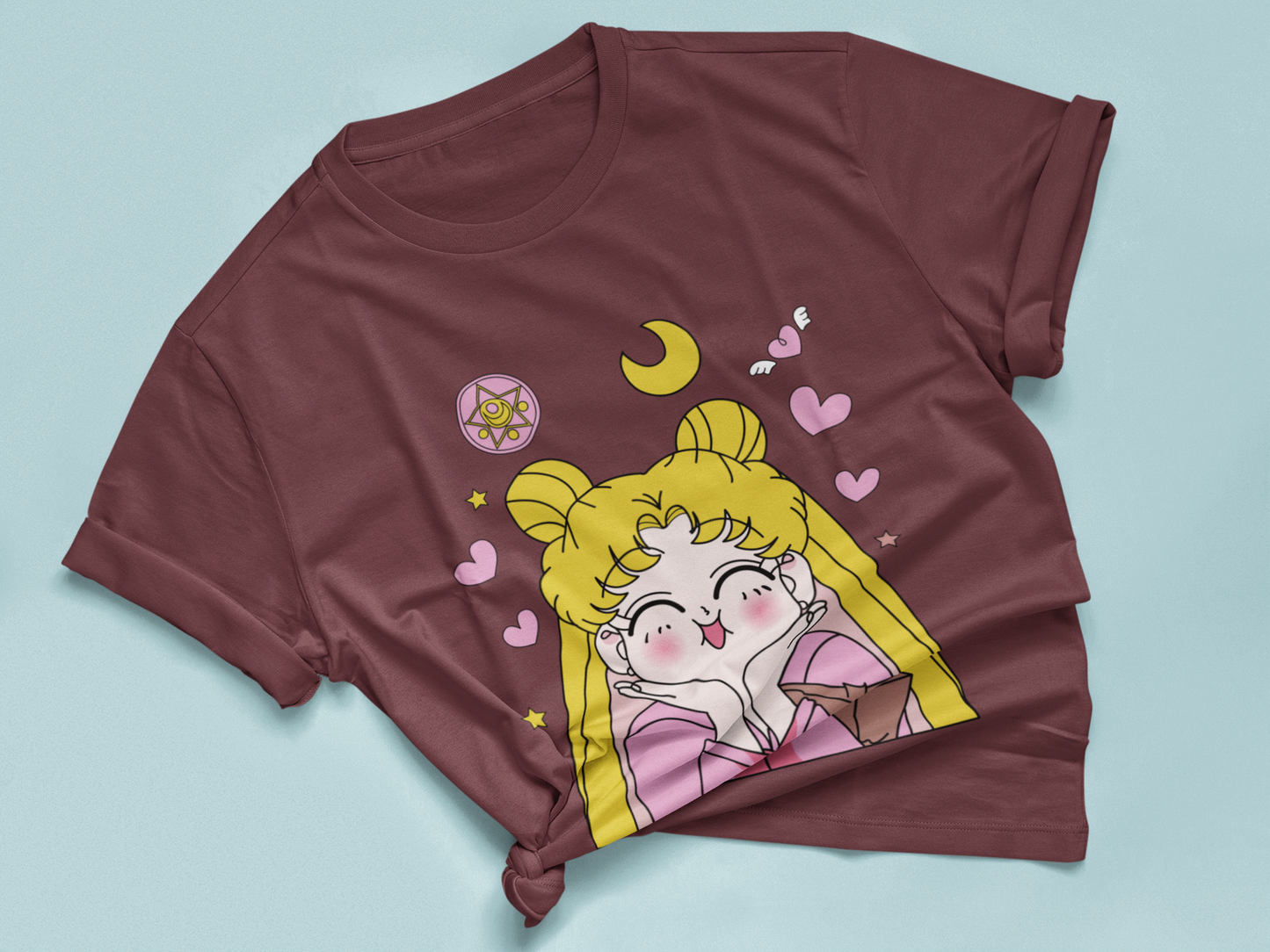 Sailor Moon Cute Expression Tee in maroon knotted in cute style.