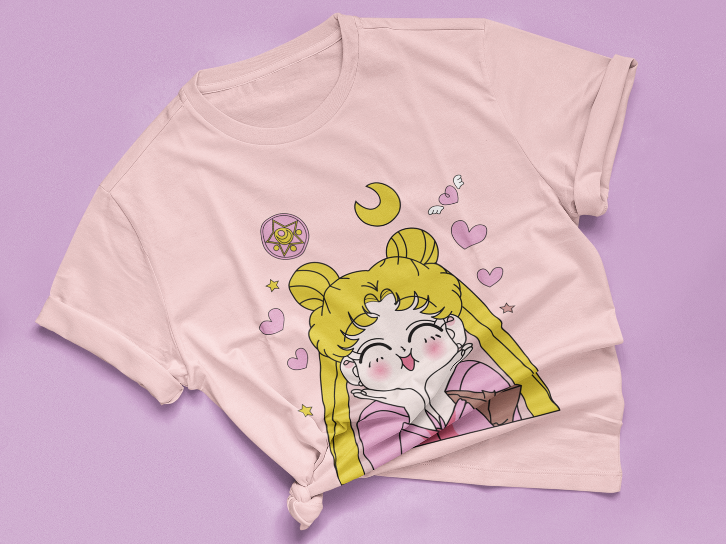 Sailor Moon Cute Expression Tee in pink knotted in cute style.